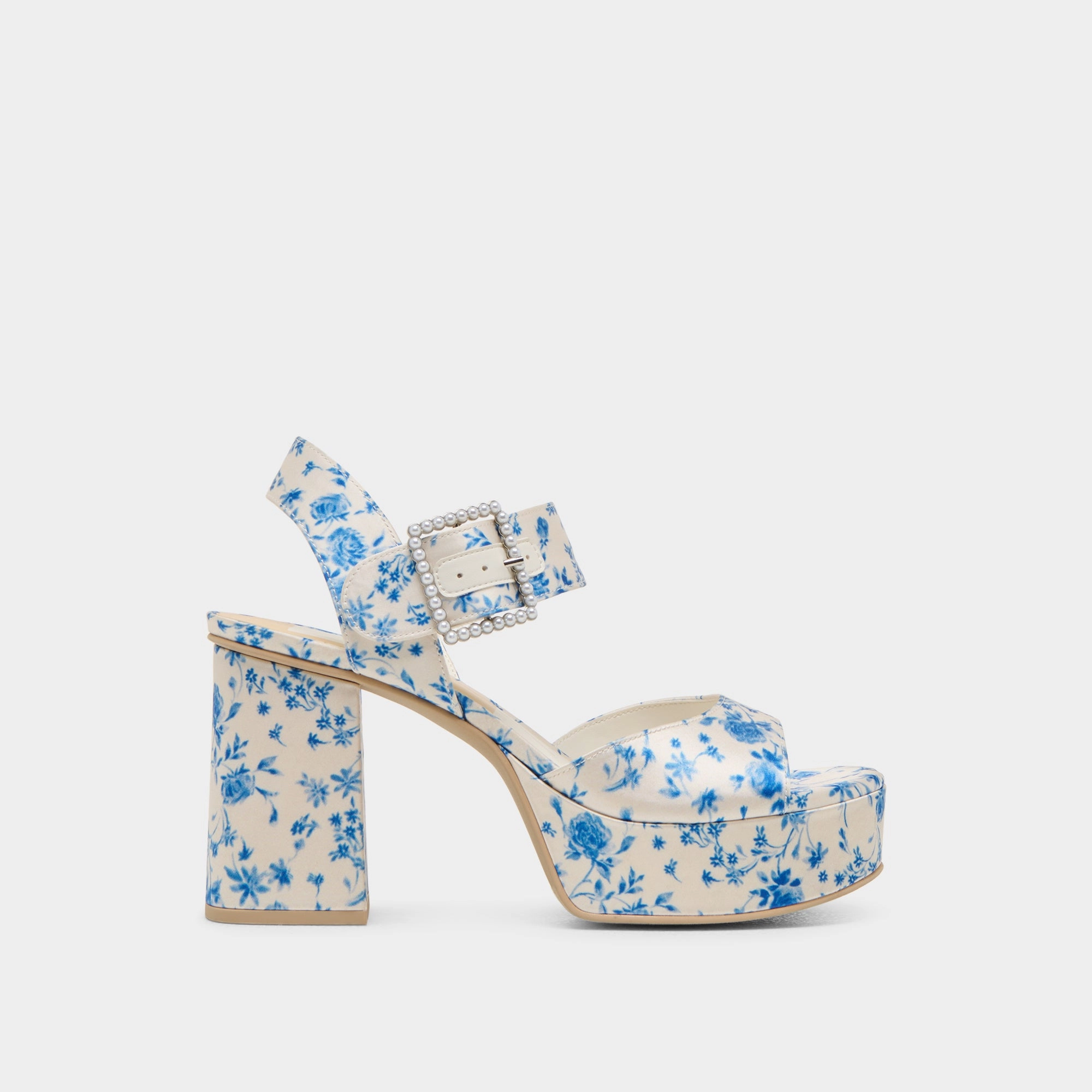 BOBBY PEARL HEELS BLUE FLORAL SATIN Important Non Irritating Seams