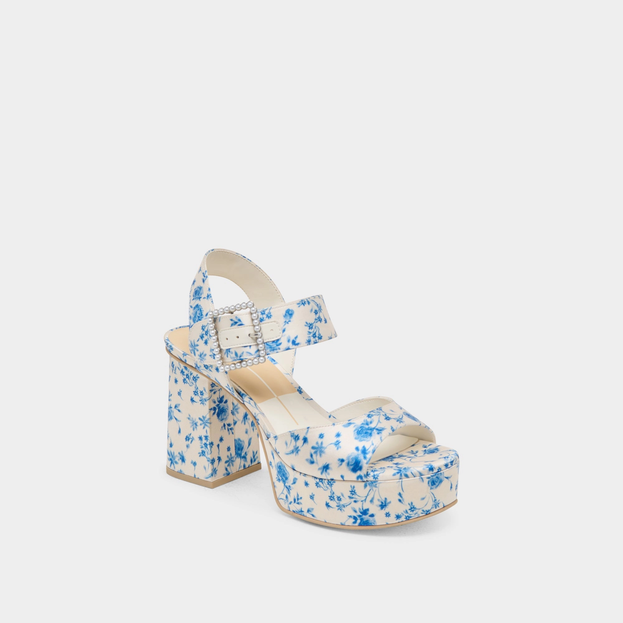 fundamental BOBBY PEARL HEELS BLUE FLORAL SATIN