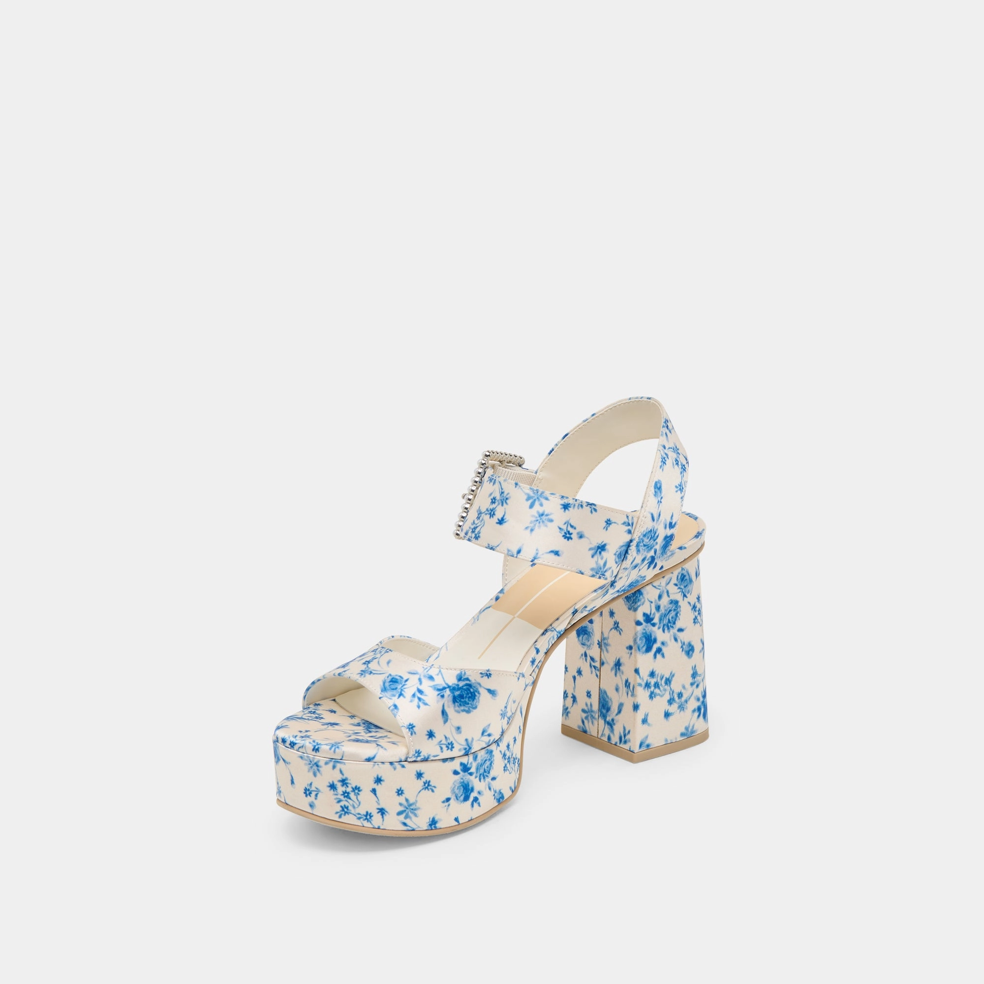 BOBBY PEARL HEELS BLUE FLORAL SATIN low - top thick - soled