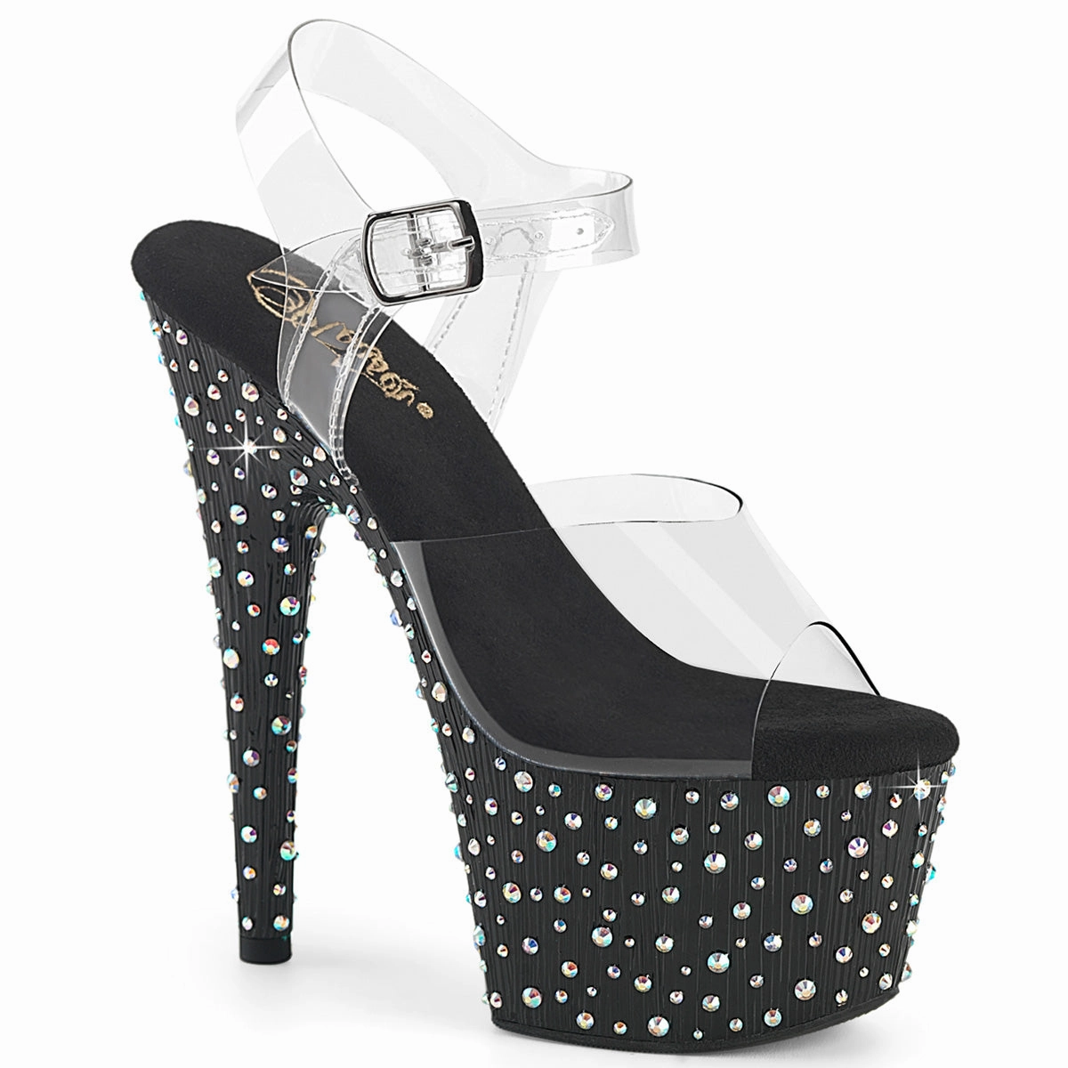 Black Leather Stilettos Peep Toe Pumps Stardance-708