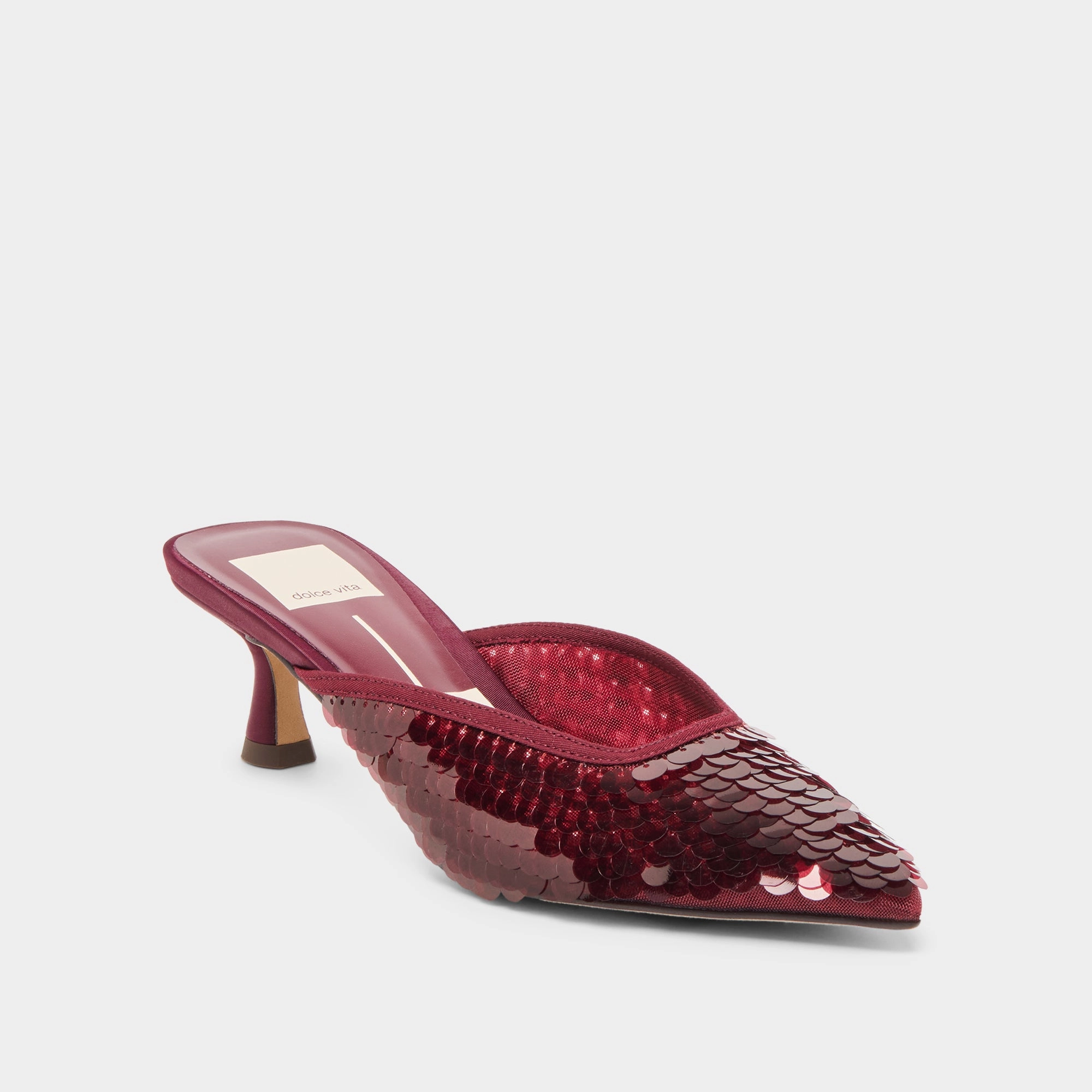 perforated design winter necessities CLEO SEQUIN HEELS CRANBERRY SEQUIN