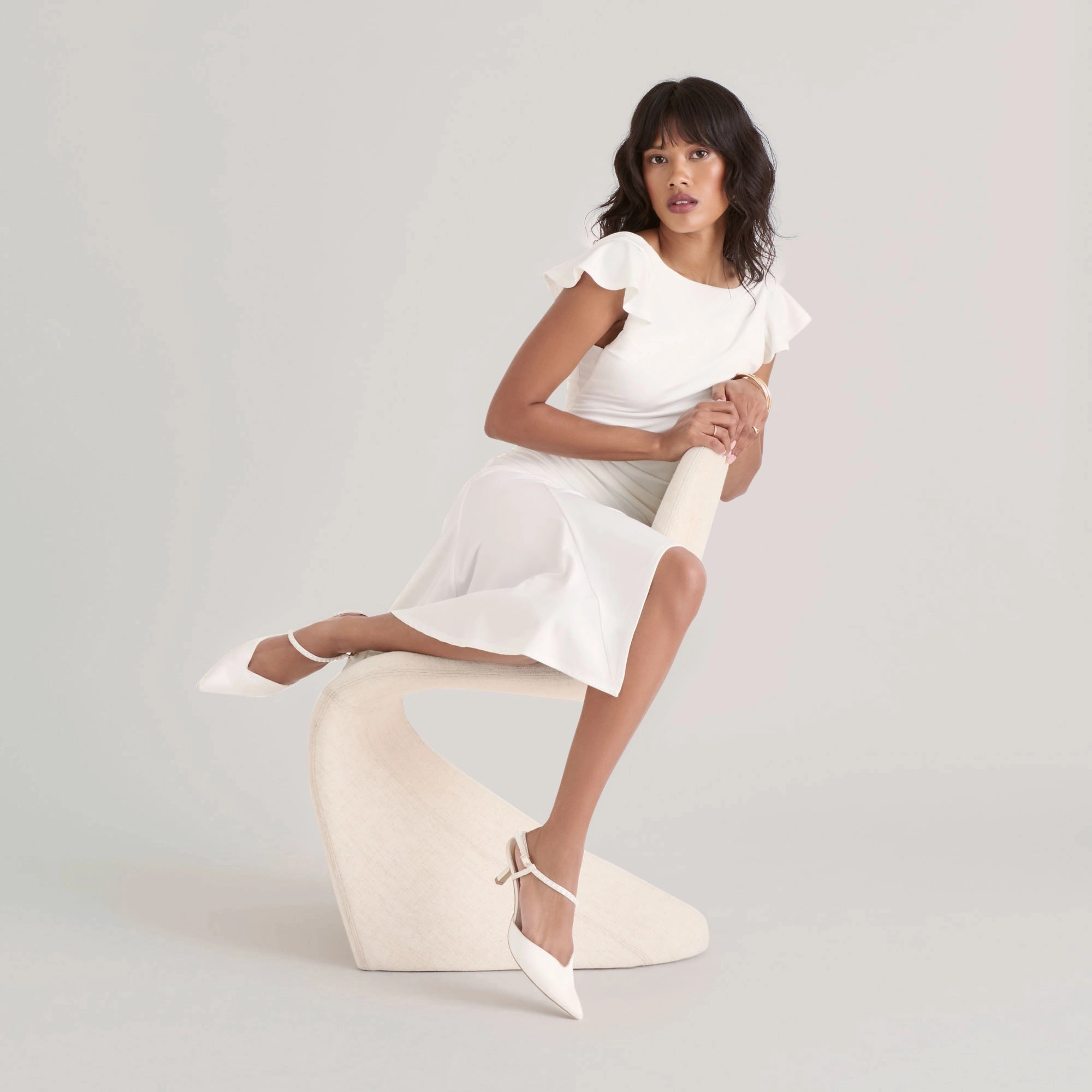 Stacked Heel KAMRA PEARL MID HEELS TRUE WHITE SATIN