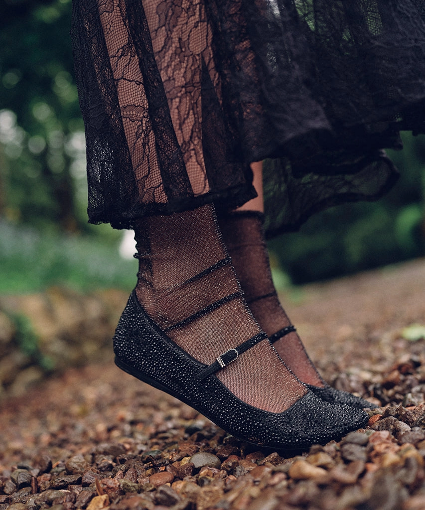 REYES CRYSTAL BALLET FLATS BLACK METALLIC CRYSTAL least classic Snug Heel Lock