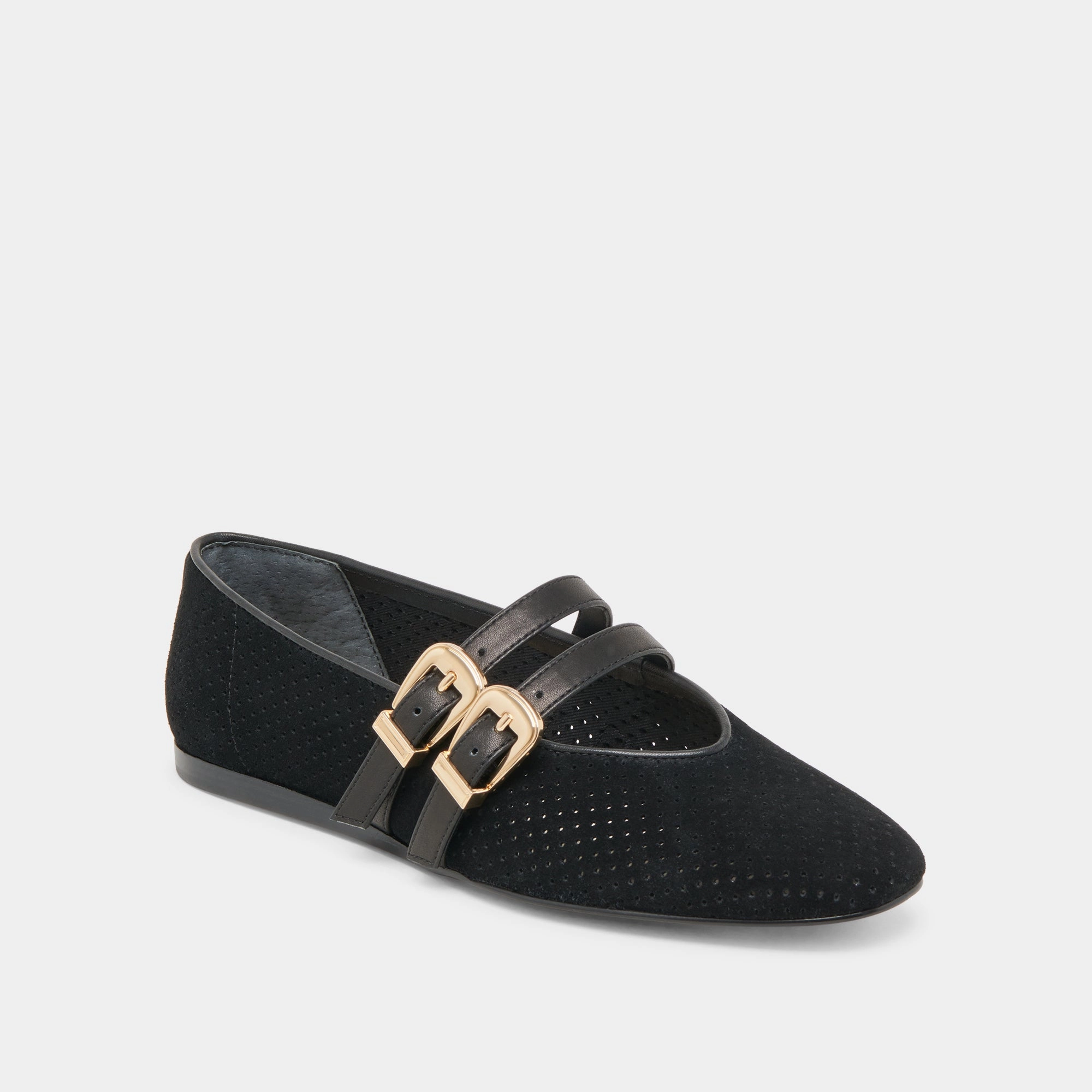Small BAYLEE WIDE BALLET FLATS ONYX PERFORATED SUEDE