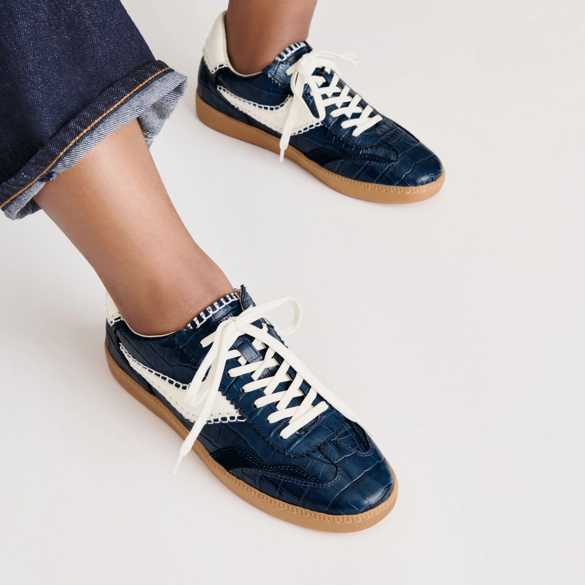 Adjustable Strap System NOTICE STITCH SNEAKERS INK CROCO EMBOSSED LEATHER