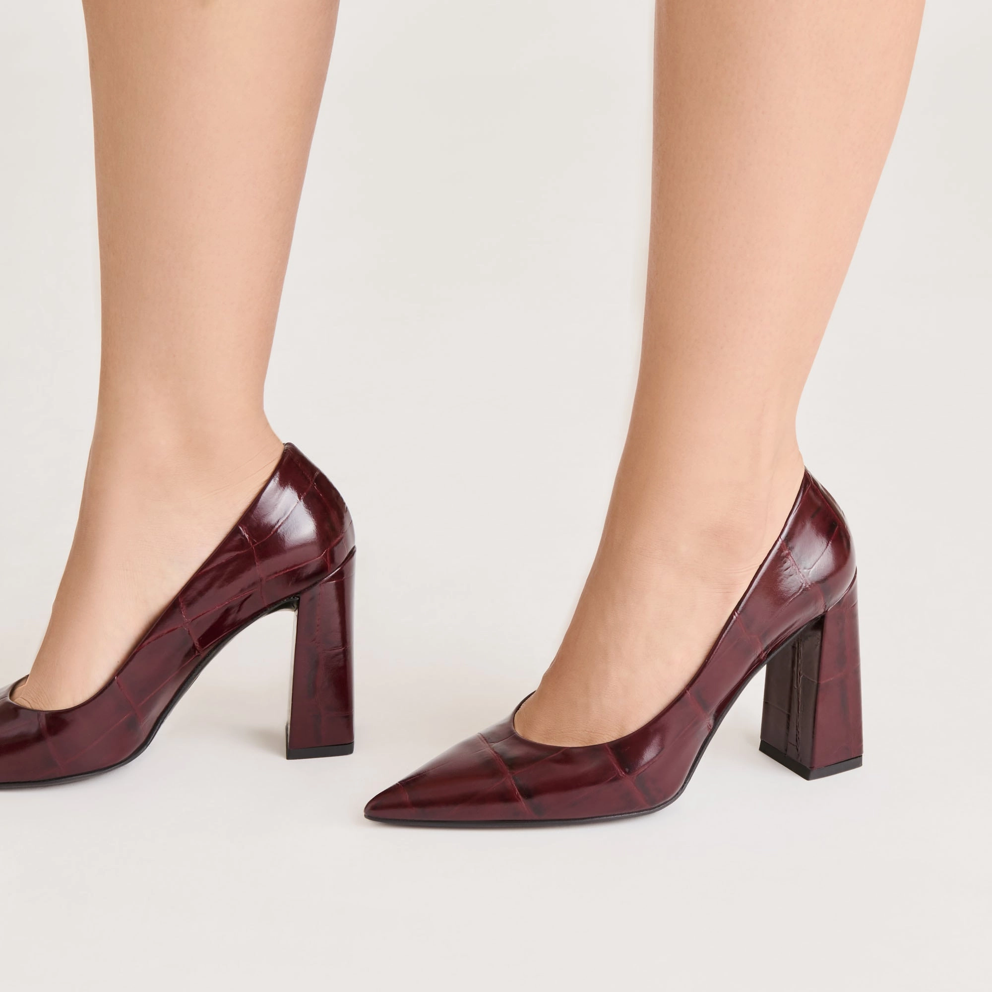 MISTY HEELS BURGUNDY CROCO EMBOSSED LEATHER Block Heel Traditional