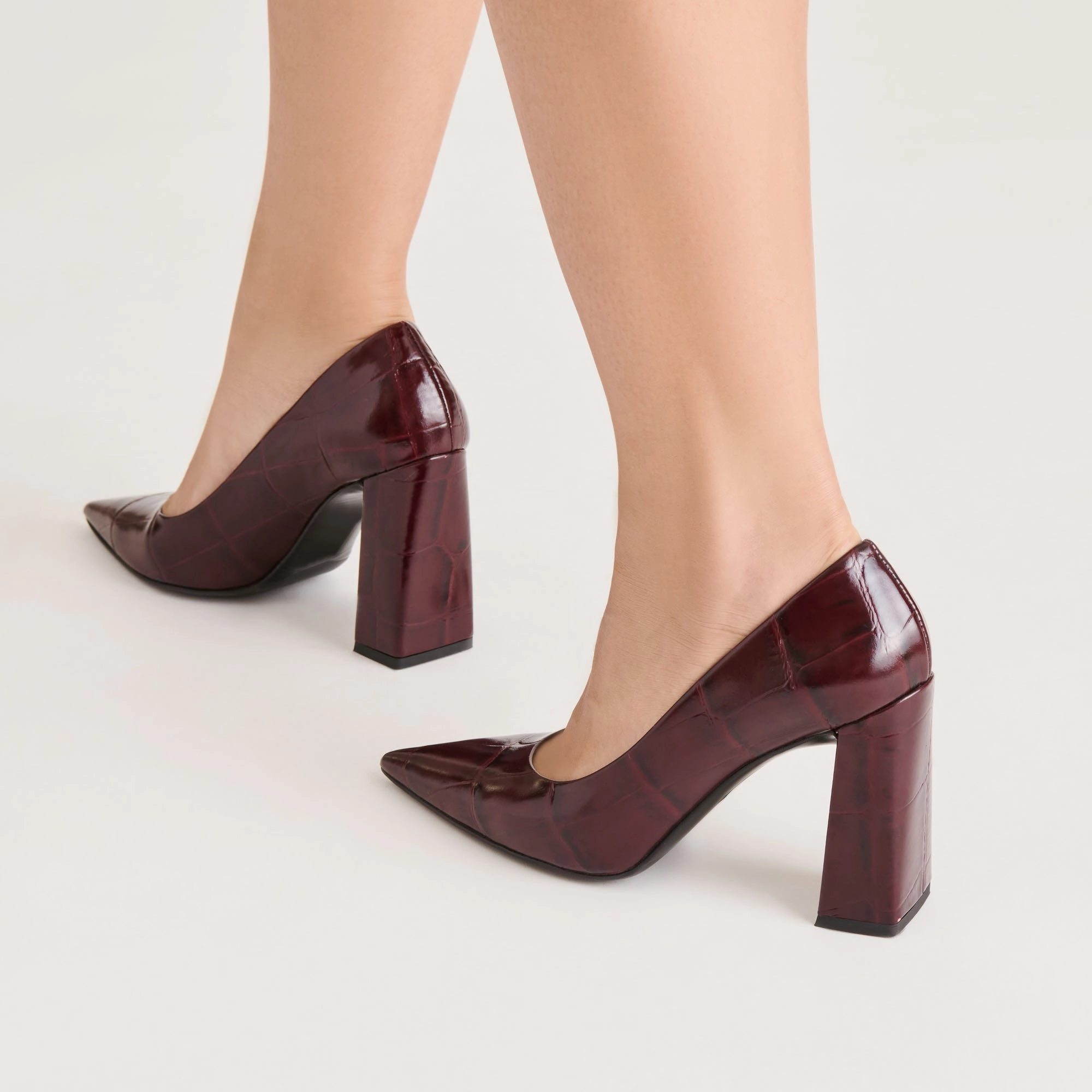 MISTY HEELS BURGUNDY CROCO EMBOSSED LEATHER Aramid Fiber Reinforcement Durable Stitching Techniques