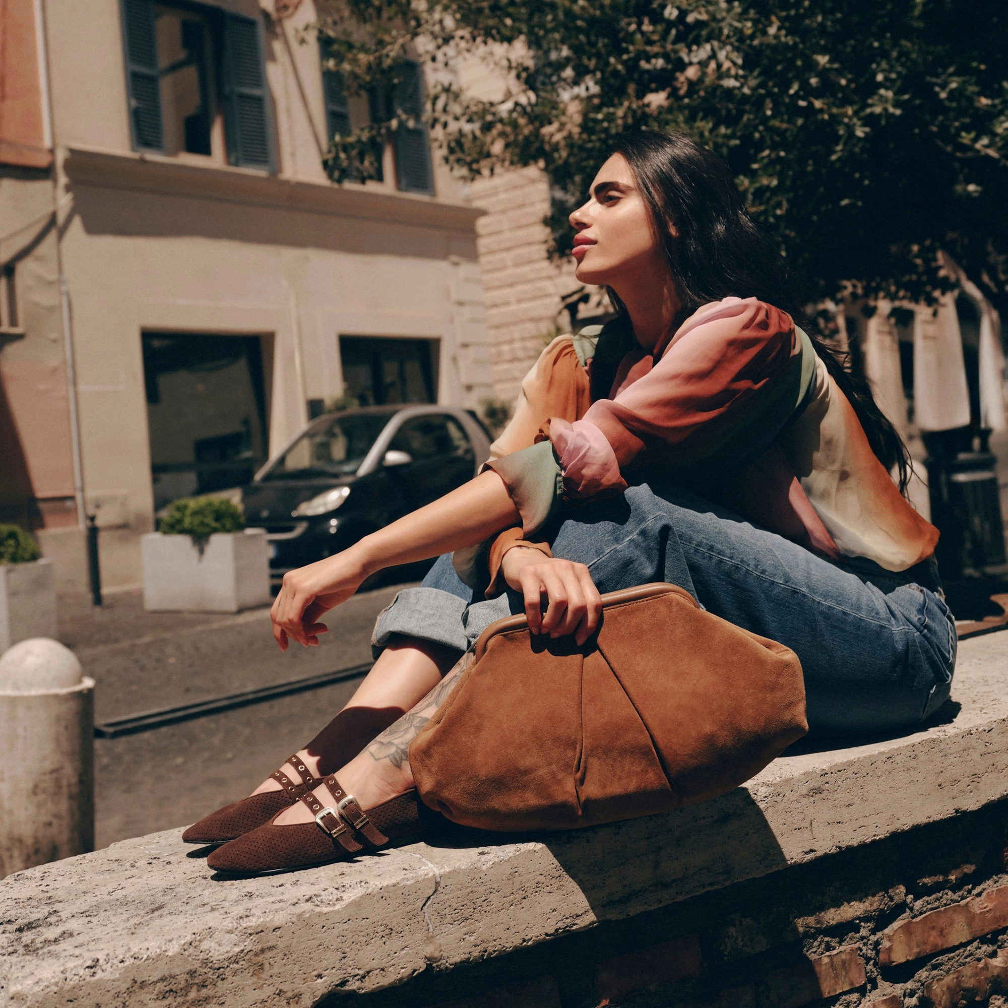 BAYLEE GROMMET BALLET FLATS DK BROWN PERFORATED SUEDE Anti Static Construction Arch support