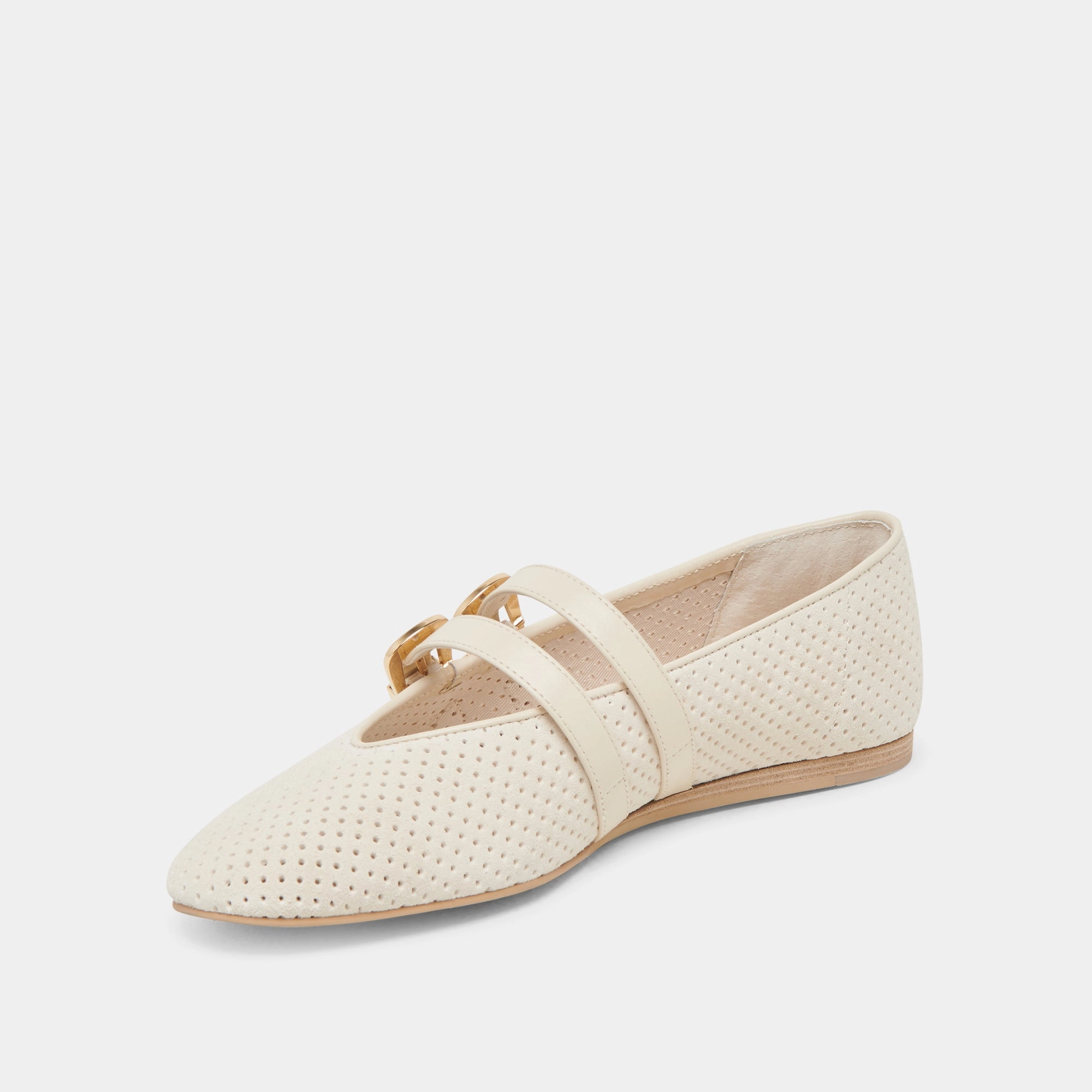 Sustainable Soles BAYLEE WIDE BALLET FLATS BONE PERFORATED SUEDE