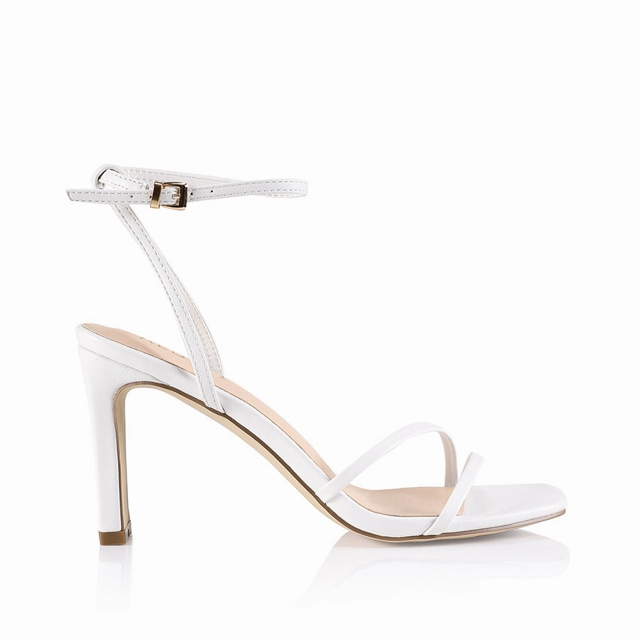 Kimmy Slim Strappy Heels - White Smooth Stacked Heel Crisp Fit